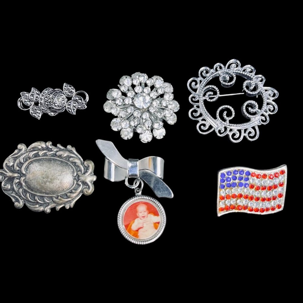 Lot of 6 Vintage Silver Tone Brooches - Picture 1 of 5